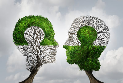 A connecting puzzle shaped as two trees in the form of human heads connecting together.