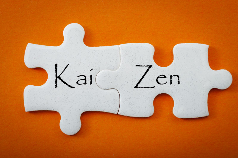 Business concept and interconnected puzzle pieces that put the words “kai” meaning "continuous" and “zen” meaning "improvement" or "wisdom". Kaizen is the Japanese strategy for "continual improvement"