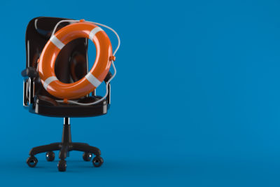 Business armchair with life buoy isolated on blue background