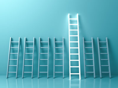 Stand out from the crowd and different creative idea concepts , The longest light ladder glowing among other short ladders on light green pastel color background with shadows . 3D rendering.